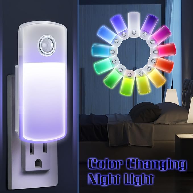 Enhon Emergency Power Failure Night Lights, 5-in-1 Multi Color LED Light, Rechargeable Flashlight with Foldable Plug, Automatic On Off Motion Sensor for Bedrooms, Hallways, Black Outs (2 Pack)