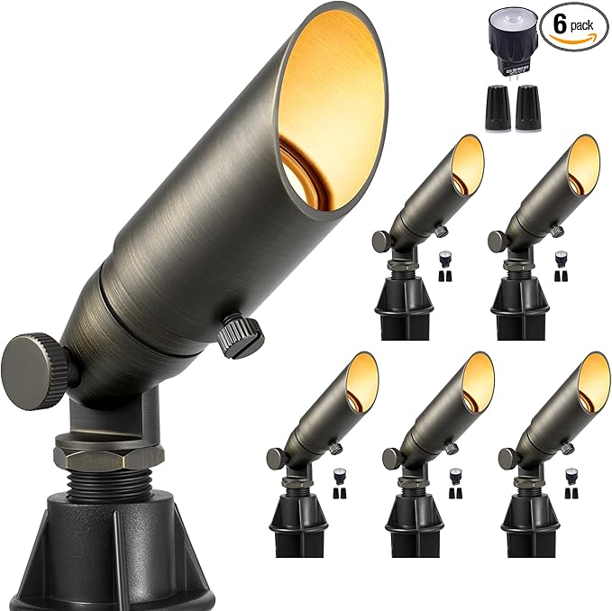 Gardenreet 12V Brass Spot Lights - Low Voltage Landscape Spotlight Outdoor, MR8 Wired LED Uplights Waterproof, Electric 180 Lumen Bronze for Bushes Patio with 2.5W 2700K Warm White Bulb (6 Pack)