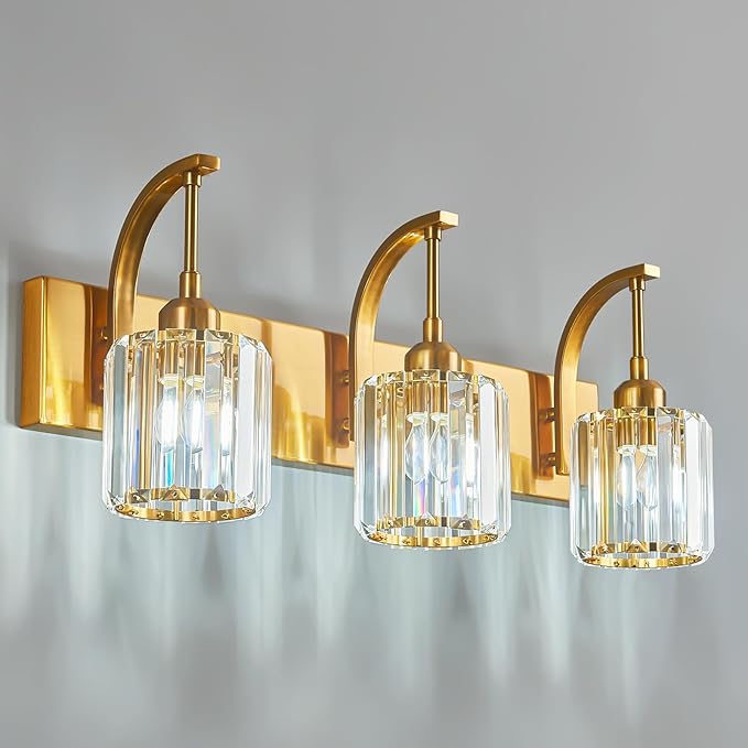 3-Light Crystal Vanity Light, Modern Gold Bathroom Wall Sconce with K9 Crystal Shades, 23.62" Long Over Mirror Lighting for Vanity, Makeup, Hallway, Elegant & Durable