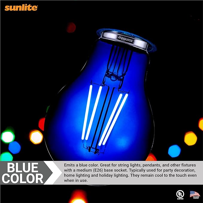Sunlite 81080 LED Colored Filament A19 Light Bulb, 4.5 Watts, Medium E26 Base, 120 Volts, Transparent Blue, Dimmable, 320 Degree Beam Angle, UL Listed, 2 Count