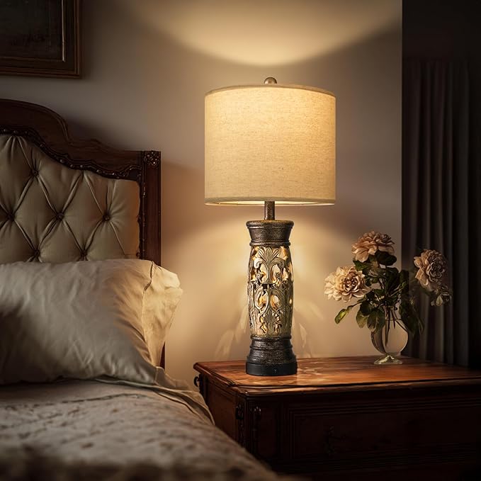 BOBOMOMO 27.25” Antique Gold Table Lamps Set of 2 – Farmhouse Bedside Lamps with Night Light & USB A+C Ports, Vintage Lamps for Bedroom, Living Room, Entryway, Nursery, Reading Nook(Bulbs Included