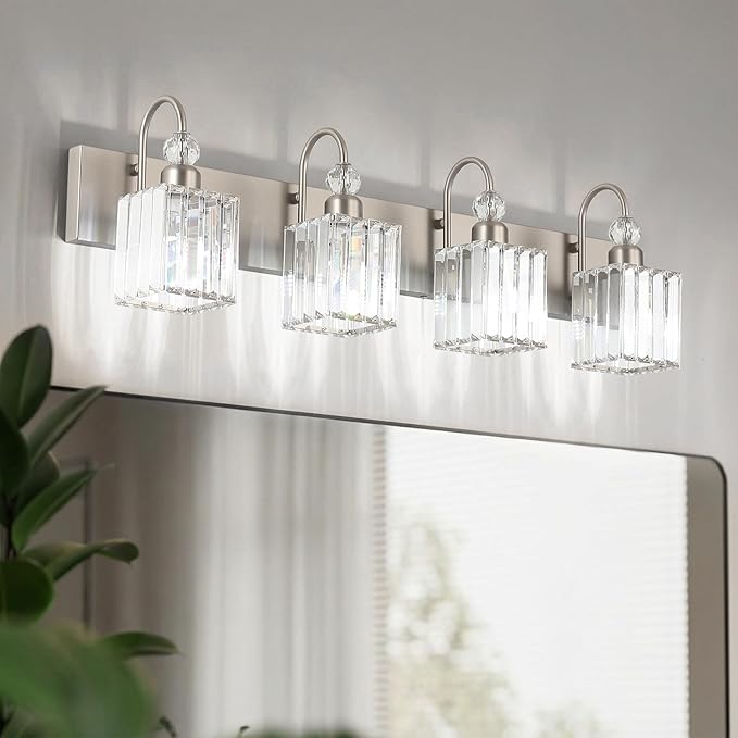 Ralbay Crystal Brushed Nickel Vanity Light for Bathroom 4-Light Modern Bathroom Light Fixtures