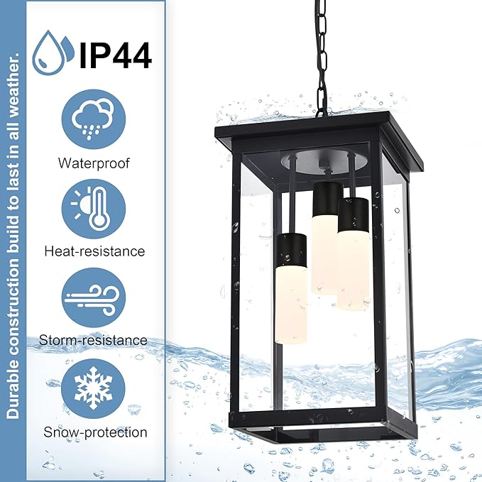 TODOLUZ Black Large 3-Light LED Outdoor Pendant Light with Frosted Coloum, Dimmable 5CCT Exterior Ceiling-Mount Porch Lighting for Foyer (3000K/3500K/4500K/5000K/6000K)