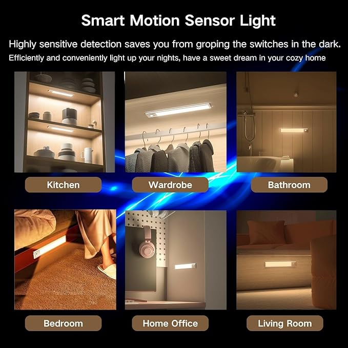 Motion Sensor Under Cabinet Lighting-Magnetic Rechargeable Closet Lights for Kitchen,Stairs,Wardrobe | 3-Color Dimmable LED Under Counter Lighting | Pro Battery Upgrade (16inch-4Pack)