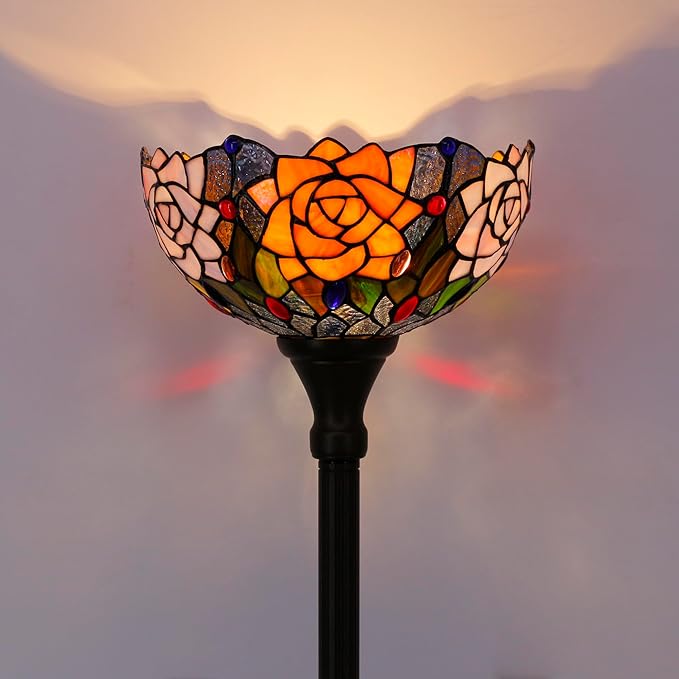 Tiffany Torchiere Floor Lamp Stained Glass Orange Red Rose Flower Style Standing Corner Torch Uplight 12X12X72 Inch for Bedroom Living Room Home Office