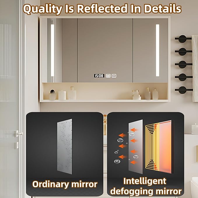 56IN Creamy White Floating Bathroom Vanities - Bathroom Vanity with Open Style Storage Shelf | Intelligent Mirror with Time Display has Defogging & Lighting, Water Blocking Edge, 2 Drawers (Style A)