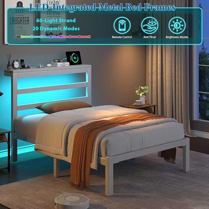 Twin Size Bed Frame with Storage Headboard, Industrial Platform Bed with Charging Station and LED Lights,Underbed Storage Space, No Box Spring Needed, Easy Assembly, White