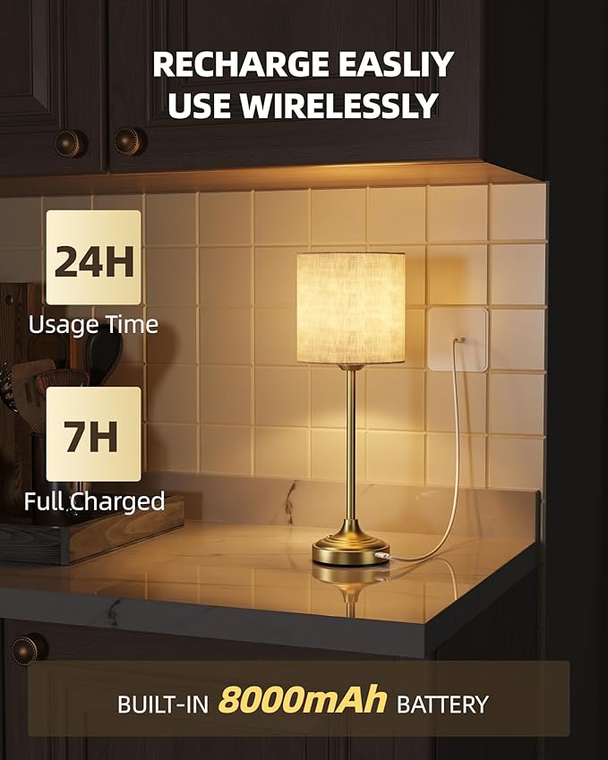 Rechargeable Table Lamp, 2-Pack, 8000mAh, Dimmable, Ambient Light, 2700K, Touch Control, Portable, LED, Wireless, Cordless, Battery Operated, Desk Lamp, Kitchen Lamp, Fabric Shade, for Dining Room