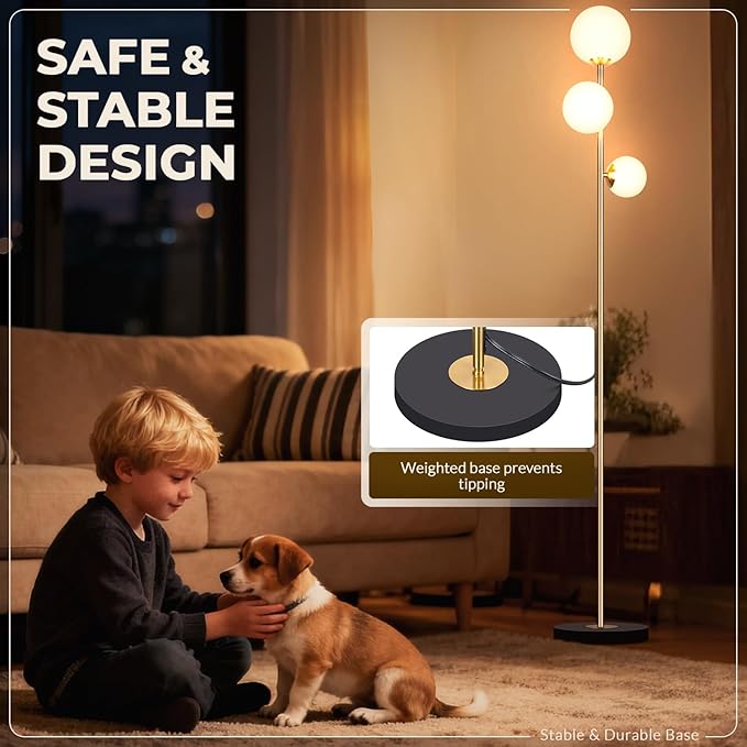 3 Globe Floor Lamps for Living Room, Mid Century Modern Standing Lamp with 3 Color Temperatures, Vintage Retro Tall Light with Frosted Glass Shades and LED Bulbs for Bedroom Office Corner (Gold)