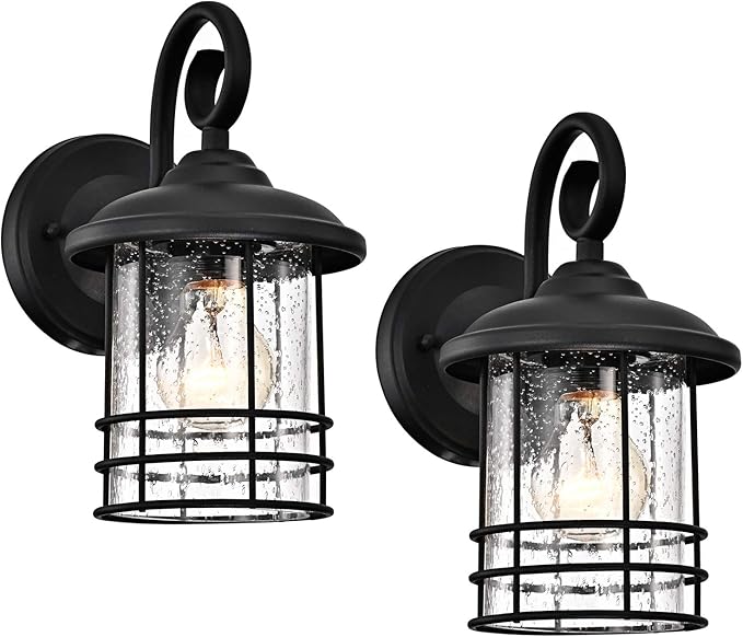 MICSIU Textured Black Outdoor Wall Light 2 Pack, 10 Inch Exterior Wall Lantern Lights with E26 Based Socket， Clear Seedy Glass Exterior Wall Lights for House, Entryway, Home, Patio, Garage, Doorway