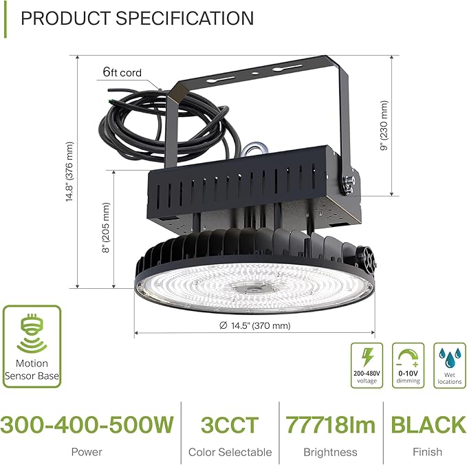ASD LED High Bay UFO Light Fixture, Commercial Shop Lighting | 3CCT, Dimmable, IP69K Waterproof, DLC Premium, UL Listed | 500W 78000LM 3000-5000K 277-480V | Warehouse, Garage, Workshop Lamp | Black
