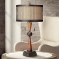 Franklin Iron Works Hunter Rustic Farmhouse Table Lamp with USB and AC Power Outlet Workstation Charging Base 28.75" Tall Bronze Cherry Wood Double Drum Shade for Living Room Bedroom House Bedside