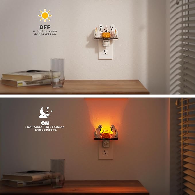 Halloween Night Light,Amber Night Lights Plug into Wall,Cute & Funny Flaming Jumping Night Light,Plug in Ghost & Pumpkin Nightlight with 360° Rotatable for Kids Halloween Party Decor, 1 Pack