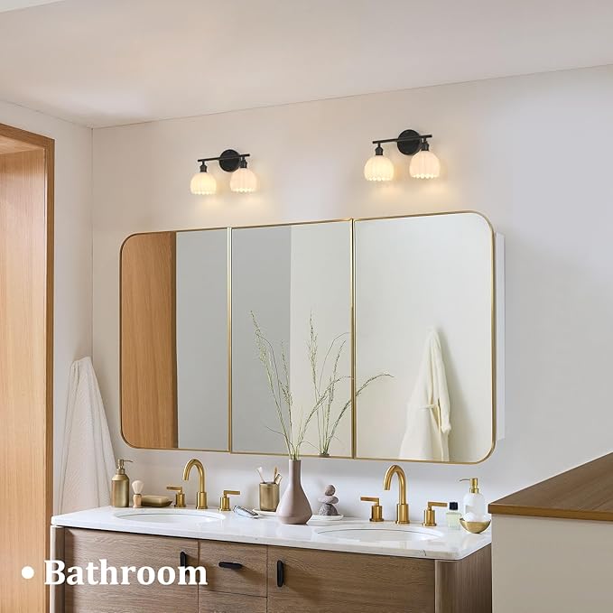 Bathroom Light Fixtures, 2-Light Black Vanity Wall Light Over Mirror with White Tulip Glass Shade for Bedroom Living Room (Bulb Not Included)