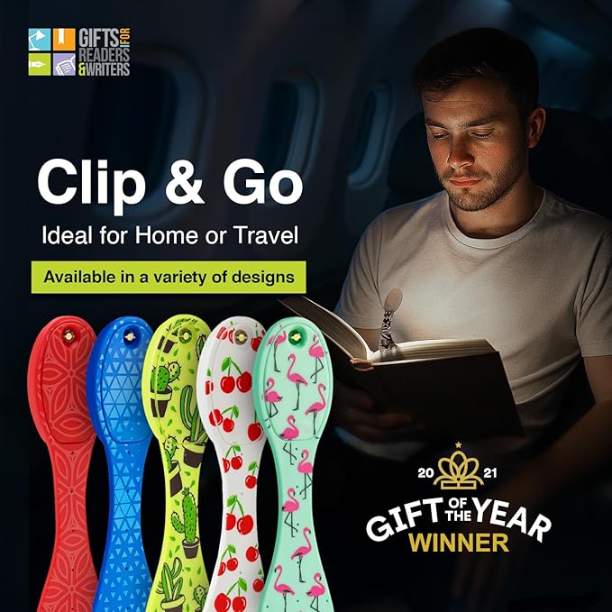 Gifts for Readers & Writers Bookmark Reading Light Cherries -2in1 Clip On Bookmark Mini Book Light for Reading in Bed, Battery Operated Travel LED Book Lights, Flexible 8 Lumen Lights for Books