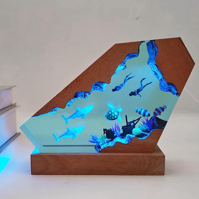 Great White Shark Ocean Resin Lamp, Handmade Resin Night Light for Home Office Decor, Multi-Color LED Light with USB Port, Shark Gifts for Birthday Holiday, Valentine's Day Gifts for Him Kids (8"x5")