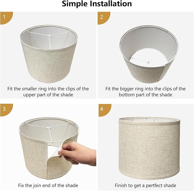 Lampshades Set of 2, 11.6" Top x 12.6" Bottom x 9.5" High, Drum Lamp shades，Medium Lamp shade, Beige Lampshade Natural Linen Hand Crafted, see installation video here