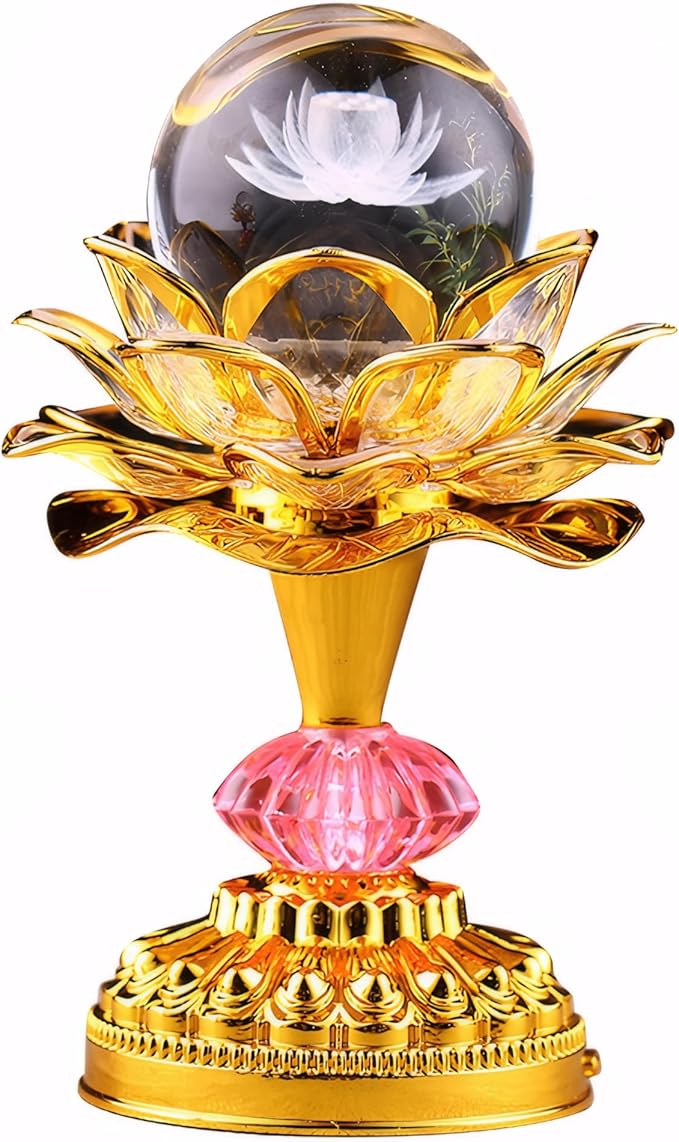 Colorful LED Crystal Ball Lotus Buddhist Lamp, Built 53 Buddhist Songs, Gradient Buddha Light for Worship, Prayer and Display, Low Power Consumption, Eco, Buddhist Supplies - Gold