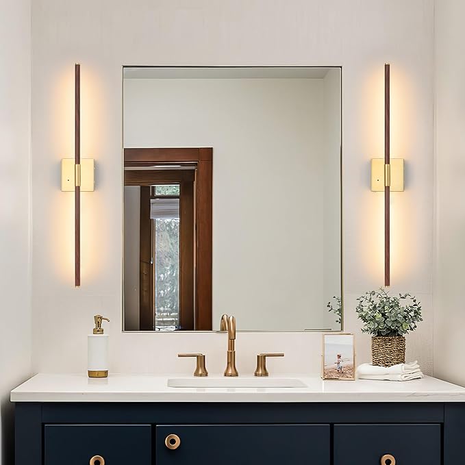 40″ Walnut Battery Operated Wall Sconces Set of Two, Dimmable Wall Sconce with Remote Control, Rechargeable Sconces Wall Lighting, LED Wireless Wall Lights for Bedroom, Living Room