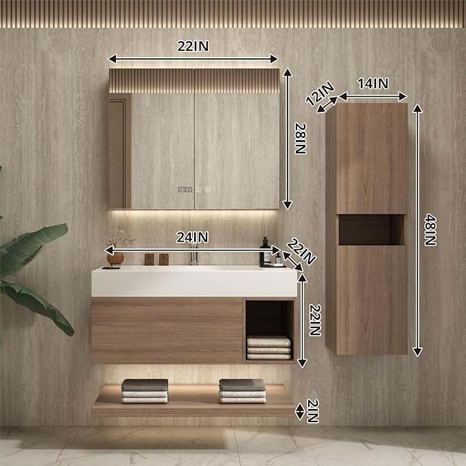 24" Modern Floating Bathroom Vanity Set with Sink, Side Cabinet, LED Smart Mirror Cabinet, Soft-Close Drawer & Open Storage Shelves, Light Walnut