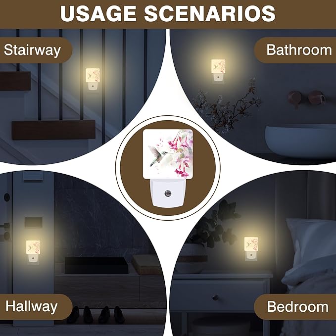 Night Light Hummingbird with Pink Flowers Night Lights Plug into Wall Smart Dusk to Dawn Sensor 0.5W Energy Efficient Led Lamp for Men Women Bedroom Bathroom Hallway Stairway Decor