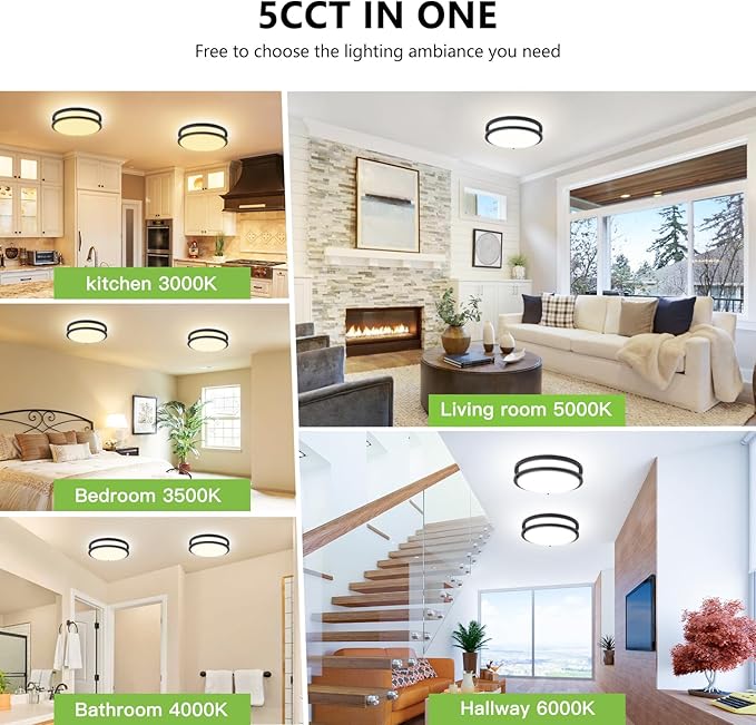 Black Flush Mount Ceiling Light - 2 Pack 24W 3000K/3500K/4000K/5000K/6000K Dimmable 10 Inch Led Ceiling Light Fixture for Bedroom Bathroom Kitchen Hallway (2 Pack Black (5CCT), 10")