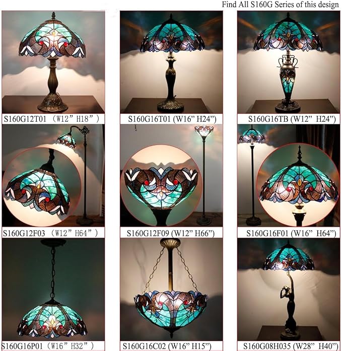 WERFACTORY Tiffany Floor Lamp Green Liaison Stained Glass Light 12X12X71 Inches Pole Torchiere Standing Corner Torch Uplight Decor Bedroom Living Room Home Office S160G Series
