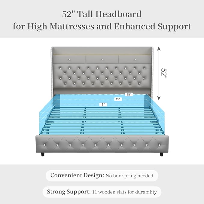Full Led Bed Frame with Galaxy Aurora Star Projector, 52" Diamond Upholstered Headboard Platform Beds with 2 Storage Drawers, Mattress Foundation with Charging Station, Noise Free, PU Grey