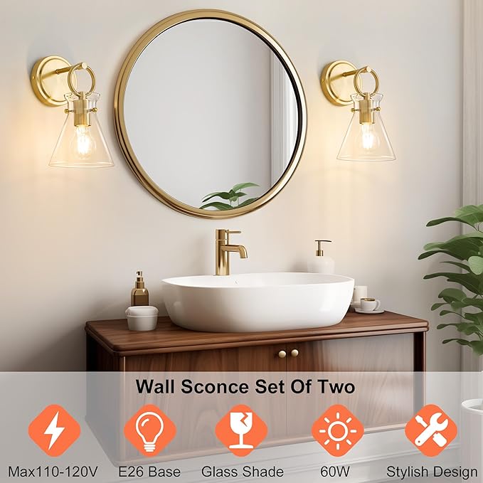 Gold Wall Sconces Set of 2 Modern Vanity Light Fixtures for Bathroom Wall Mount Lighting Lamp Hardwired Farmhouse Wall Lights with 6 Inch Clear Glass Shade for Bedroom Living Room Mirror