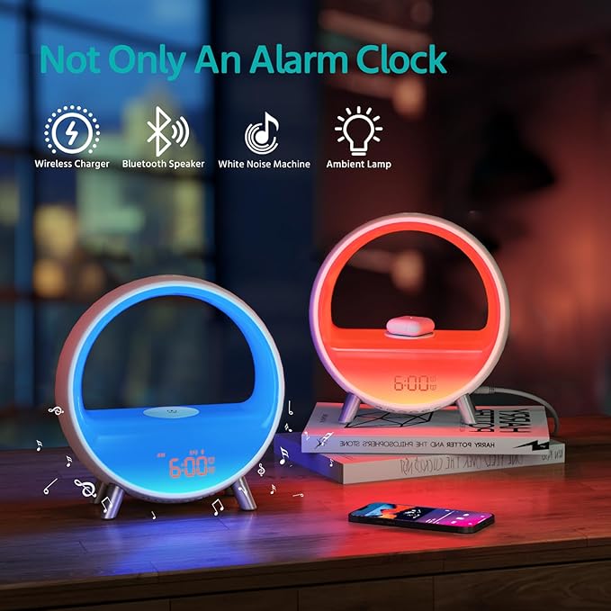 MOMILLA Sunrise Alarm Clock with Wireless Charging Station, Bluetooth Speaker, White Noise Sound Machine, Night Lights Table Lamp, Alarm Clocks for Heavy Sleepers Bedrooms Kids/Baby/Adults