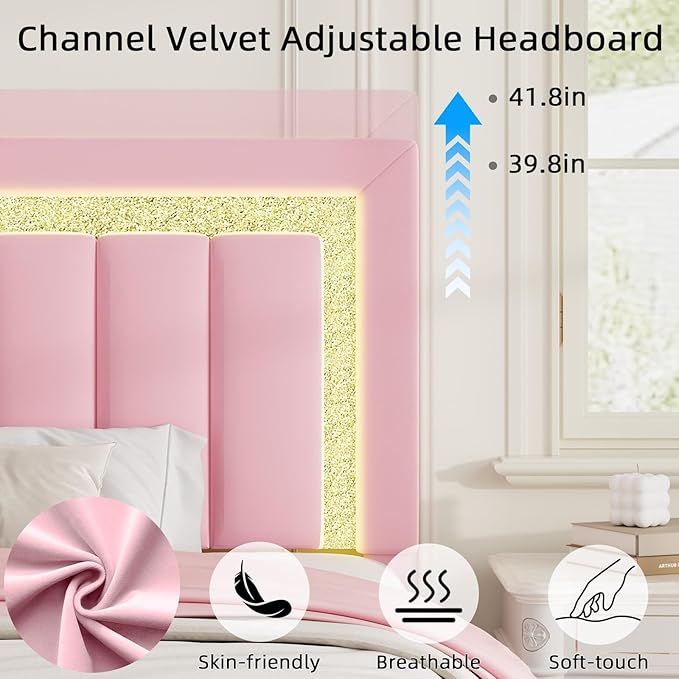 HOMBCK Twin Bed Frames with LED Lights and Velvet Upholstered Headboard, Twin Size Bed Frame with Modern Diamond Headboard Adjustable, Wooden Slats Support, Noise Free, No Box Spring Needed, Pink