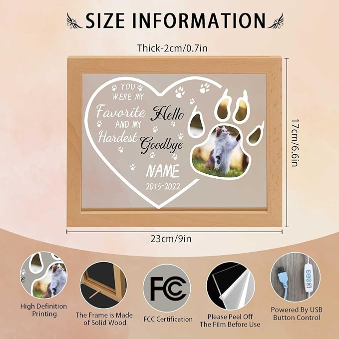 Custom Pet Memorial Night Light with Picture Frames Personalized Acrylic Plaque Dog Sympathy Gift with Photo Name Date for Loss of Dog Cat Pet(H-Cat Paw Heart)