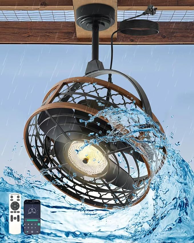 Outdoor Ceiling Fan with Light, IP55 Rated Waterproof Ceiling Fan with Tilting Head & Plug in Cord Remote and App Control - Caged Design for Patios Garage Gazebo Pergolas Pavilions 20 Inch