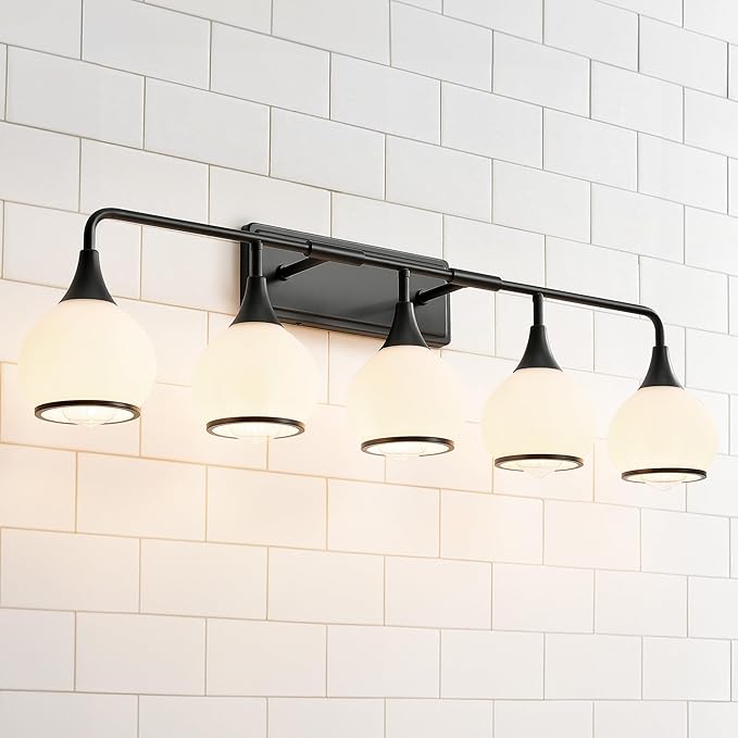 Black Bathroom Light Fixtures 5-Lights Vanity Lights with Milky White Frosted Glass Shade Bathroom Vanity Light 39.2 inch Wall Sconce Lighting Bath(Exclude E26 Bulb)