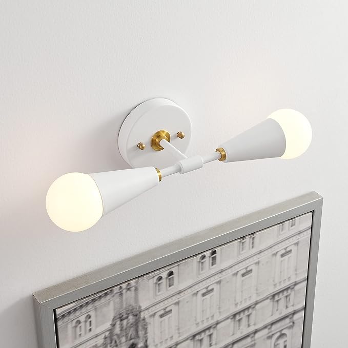 BRIGHTTIA Vicky 2 Light Cone Socket Wall Sconce - Mid Century Modern Fixture for Wall & Ceiling - Minimalist Edison Lamp for Hallway and Bathroom Vanity - White & Gold (BW0027-2WG)