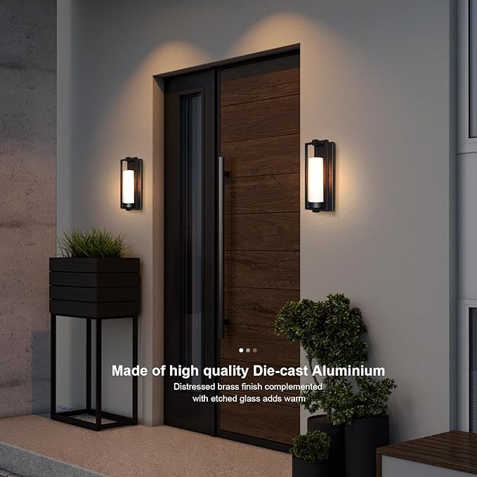 ALVIME Modern Black Outdoor Wall Light Fixtures, 15 Inch 2 Pack Outdoor Wall Sconce for House, Waterproof Exterior Lighting Fixtures for Garage, Doorway, Porch, Patio, E26 Base&Etched Opal Glass
