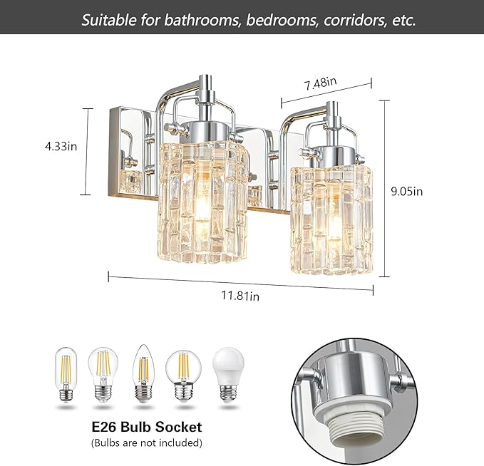 Bathroom Vanity Light 2-Light Modern Vanity Light with Crystal Glass Shade Chrome Bathroom Light Fixtures Over Mirror Crystal Vanity Lighting Fixtures