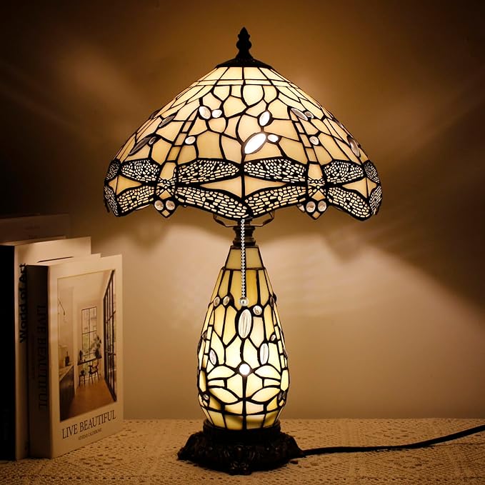Tiffany Lamp Stained Glass Table Lamp 12X19 Inches Mother Daughter Vase Desk Accent Night Light for Bedroom Bedside Reading Home Antique Style (Ream Color)