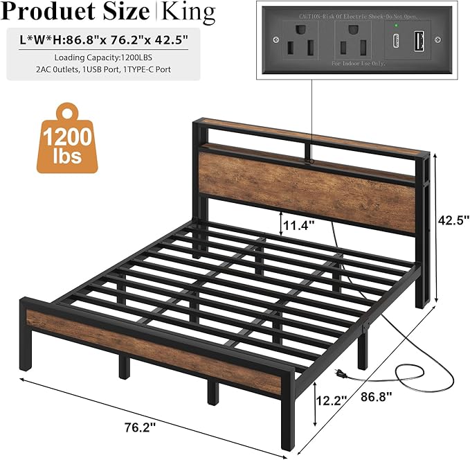 King Size Platform Bed with 2-Tier Storage Headboard, Metal Bed Frame with Charging Station & LED Light, Heavy Duty Metal Slats, No Box Spring Need, Noise Free, Rustic Brown
