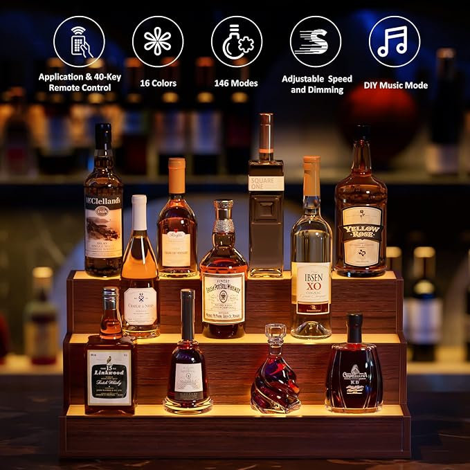 LED Lighted Liquor Bottle Display Shelf, 24 Inch Bar Display Shelf with App & Remote Control 3 Tier for Home Bar, Party, Walnut