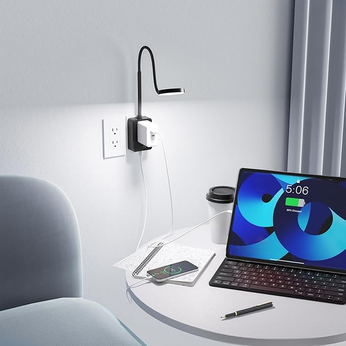 Plug in LED Book Reading Light, Black Dimmable LED Wall Sconce Lamp with Power Plug and Outlet Extender for Reading in Bed at Night, 3 Lighting Colors, with USB Output Charging Ports
