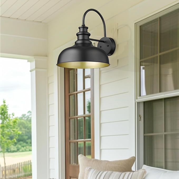 Bestshared Large Farmhouse Barn Lights 16 Inch Dome Outdoor Wall Lighting Fixture Industrial Vintage Sconces Lighting, Exterior Mount Light, Black Outdoor Wall Lantern for Porch (1Pack, Black+ Gold)