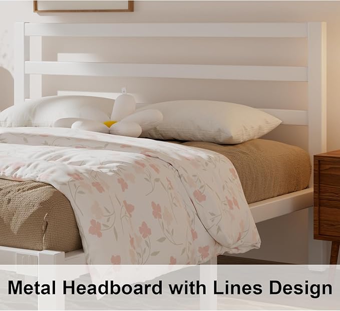 Full Size Bed Frame, Metal Platform Bed Frame with Headboard, Mattress Foundation with Spacious Underbed Storage, No Box Spring Needed, Easy Assembly, White