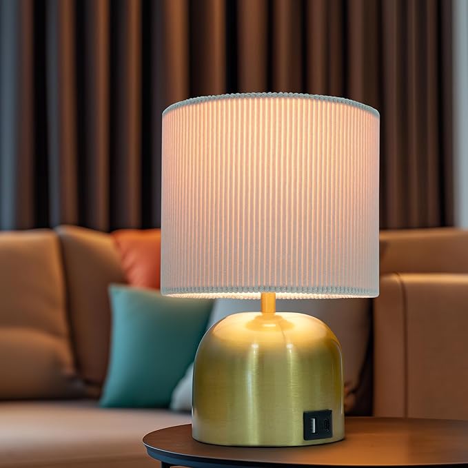 Table Lamp for Bedroom, Bedside Lamps for Nightstand, Minimalist Night Stand Light Lamp with Type-C and USB Ports, Modern Desk Table Lamp for Bedroom, Living Room, Dining Room, Office (Gold)
