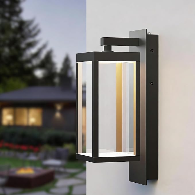 Outdoor Wall Sconce, Dusk to Dawn Outdoor Wall Lights, Waterproof Porch Lanterns Decorative, Anti-Rust Exterior Light in Wood Grain Finish & Black Finish for House Patio Garage Entryway Doorway