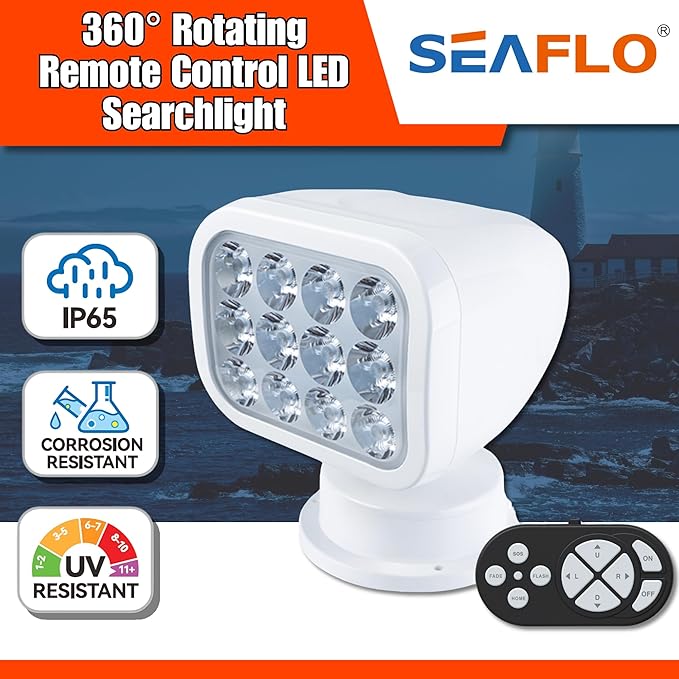 SEAFLO 360° Rotating Remote Control LED Searchlight, 10-30V, Auto-Reset, IP66 Waterproof, Marine Spotlight for Boats, Truck, Vehicles, CE & Rohs Certified (Wireless Remote/White//Warm Light 2700K)
