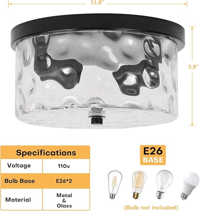 LamQee 2-Light Flush Mount Ceiling Light Farmhouse Kitchen Island Ceiling Light with Bubble Glass Close to Ceiling Light Fixture for Living Room Bedroom Foyer Hallway