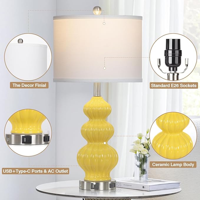 Triple Gourd Ceramic Table Lamps Set of 2, Modern Yellow Bedside Lamps with USB A+C Ports & AC Outlet, 3 Way Touch Control Contemporary Nightstand Lamps for Bedroom Living Room