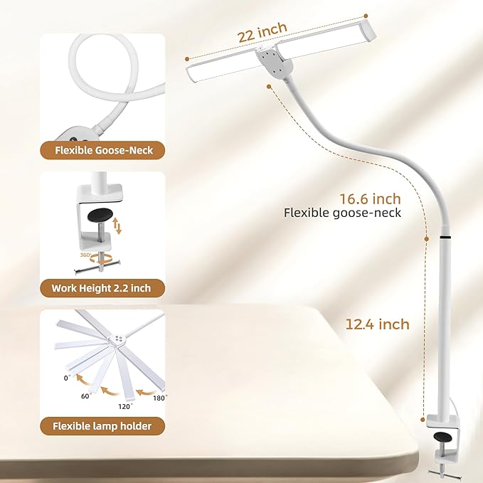 Led Desk Lamp for Home Office, Eye-care Architect Light with Clamp, Smart Double Head Computer Monitor Table Clip Lamp, Adjustable Flexible Goose-Neck, 25 Lighting Models, Task Lamp, White and Sliver
