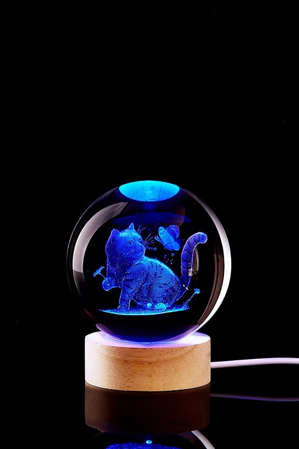 Large Cat Crystal Ball Night Light with Woodern Base, 3D Cat Crystal Lamp 16 Color Changing with Remote Control, Laser Engraved Glass Ball Lamp, Room Decor (cat)